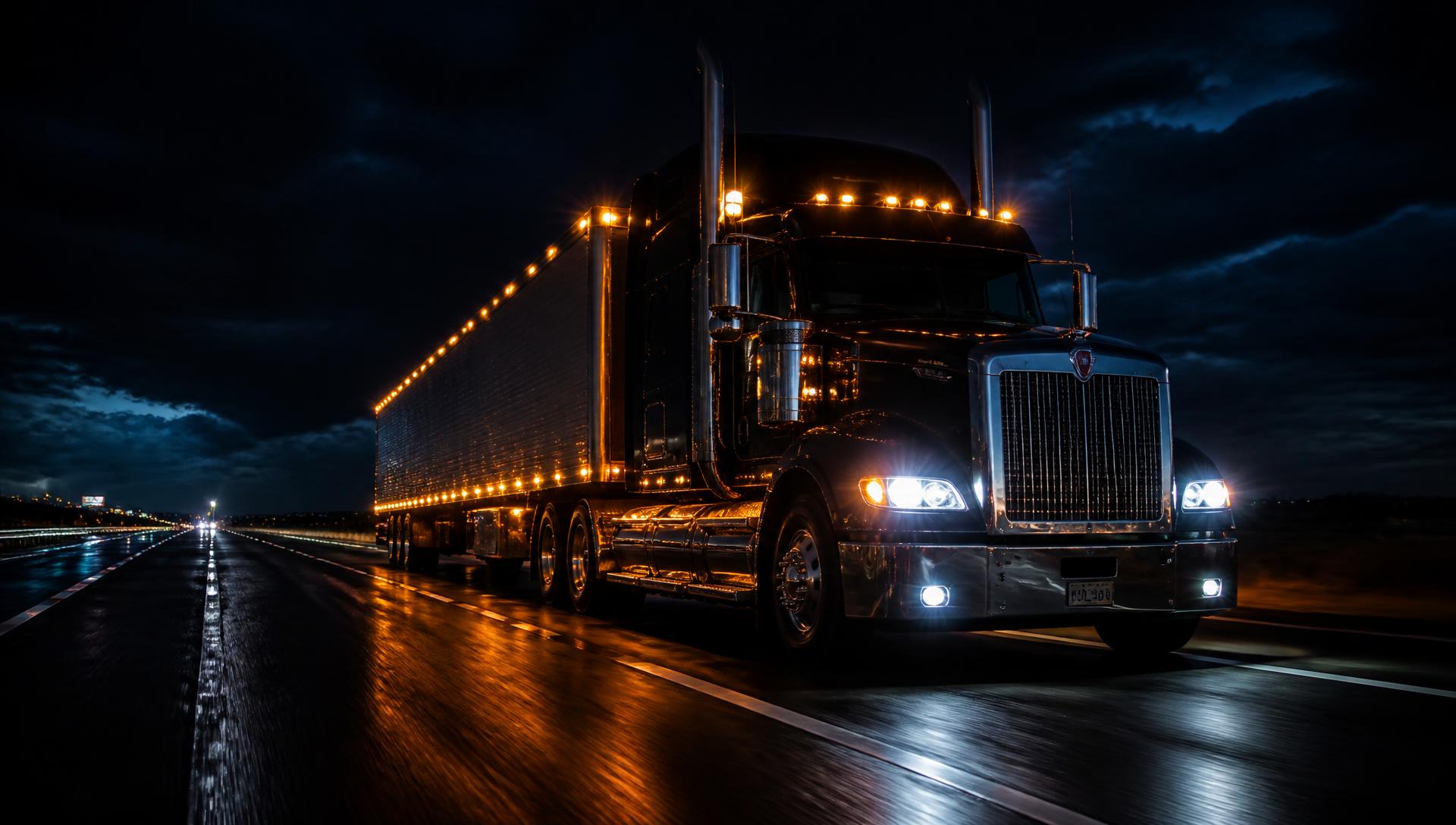 Semi truck running at night on a wet highway with amber running lights